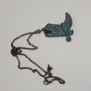 Copper Tone Distresses Turquoise Cowboy 1.5" Boot 21" Necklace